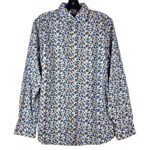 BUGATCHI Shirt Mens Medium White Multicolor Geometric Comfort Stretch Shaped Up